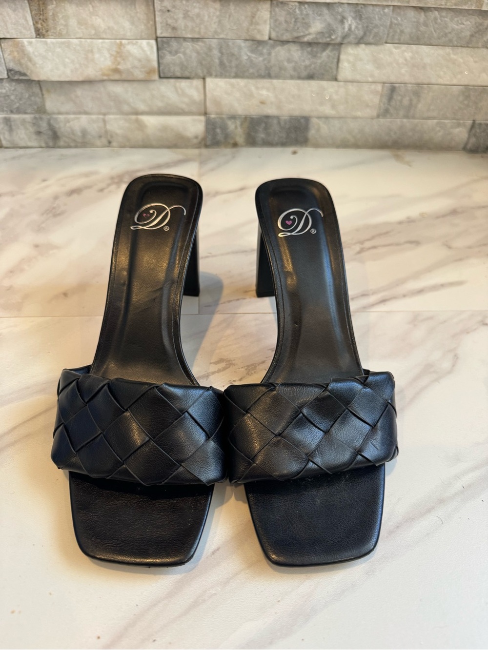 Delicious Black Woven Slide Heels - Women's Chic Square-Toe Mules